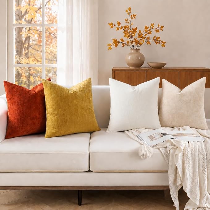 decorUhome Soft Chenille Beige Throw Pillow Covers 26X26 Set of 2 | Decorative Fall Couch Pillow Covers Solid Dyed Accent Modern Euro Sham Farmhouse Neutral Square Pillow Cases for Sofa