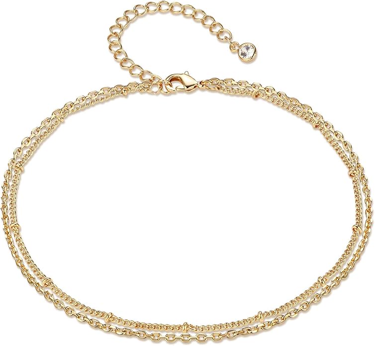 LOYATA Dainty Ankle Bracelet,14K Gold Plated Tiny Bead Anklet Dainty White Cubic Zirconia Cross Tassel Foot Chain Cute Lucky Moon Evil Eye Foot Jewelry Boho Anklets for Women