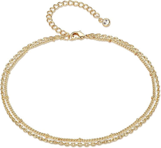 LOYATA Dainty Ankle Bracelet,14K Gold Plated Tiny Bead Anklet Dainty White Cubic Zirconia Cross Tassel Foot Chain Cute Lucky Moon Evil Eye Foot Jewelry Boho Anklets for Women