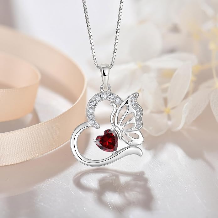 Butterfly Necklace for Women 925 Sterling Silver Heart Pendant Birthstones Jewelry Gift