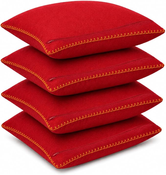 LFH Home Red Cotton Rich Throw Pillow Covers 18x18 Set of 4, Decorative Cushion Covers with Blanket Stitch Edge, Farmhouse Accent Pillow Cases for Sofa Couch Bed Living Room, 18 x 18 Inch