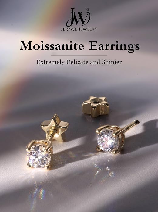 Moissanite Earrings Studs - 925 Sterling Silver Earrings for Women Men 14K Gold Plated Double Sided Star Flat Back Stud Earring Hypoallergenic Small Cartilage Helix Piercing Jewelry D Color VVS1