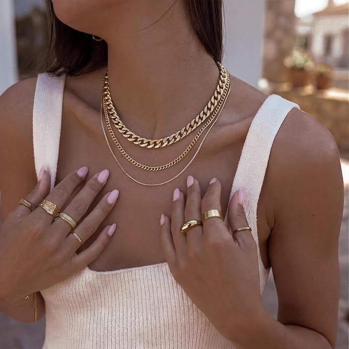 Tewiky Layered Necklaces for Women Non Tarnish- Chunky 14k Gold Plated Herringbone/Snake/Rope/Box/Cuban Link Chain for Women Waterproof Layering Stack Choker Necklace Trendy Dainty Tarnish Free Jewelry Set