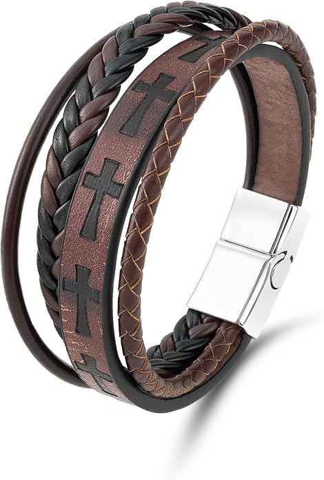 Mens Leather Cross Bracelet Multilayer Braided Wristband Bangle Bracelets with Stainless Steel Buckle Religious Gift for Men Brown/Black/Blue–8.3 inch