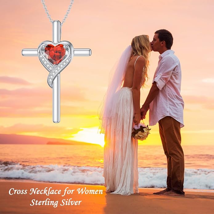 TOUPOP Birthstone Cross Necklace for Women 925 Sterling Silver Heart Cross Pendant Necklace Mothers Day Birthday Jewelry Gifts for Mom Wife Her