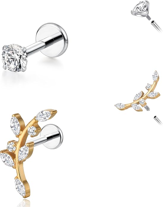 limerencia 2 Pieces Titanium Hypoallergenic Piercing Jewelry 18G 6mm 8mm 10mm Flat Back Internally Threaded Studs Earrings for Cartilage Tragus Helix Conch