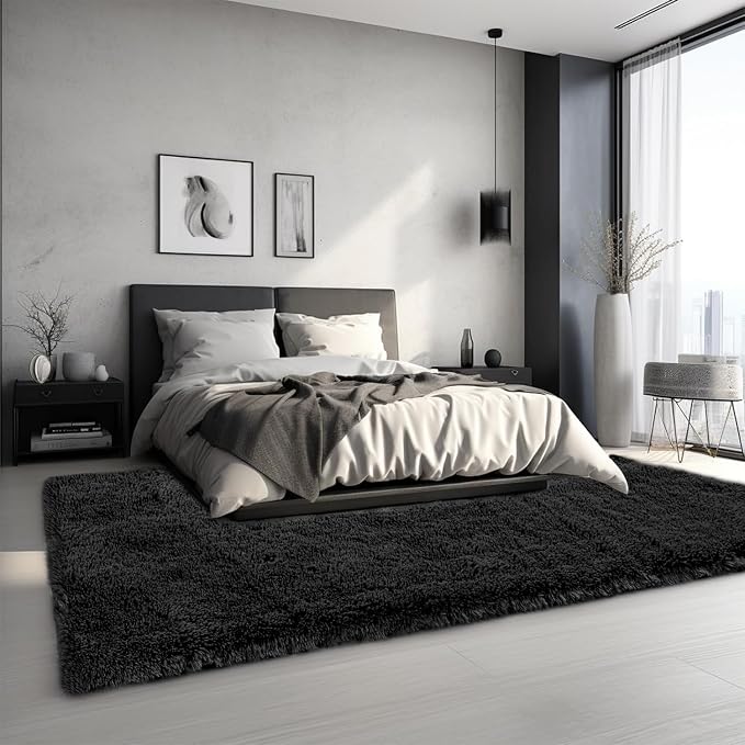Sour Lemon Area Rugs 9x12 Living Room Bedroom, Large Fluffy Shag Black | Shaggy Carpet, Soft Plush Furry Bedside Rugs, Anti Slip, Washable Area Modern Rugs Floor Mat for Kids Girls Boys Living Room