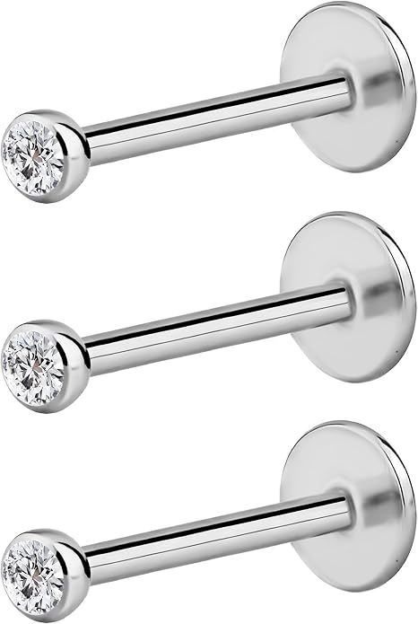 Forbidden Body Jewelry Surgical Steel Earrings Internally Threaded Micro CZ Gem Top Tragus/Helix/Labret Stud with 2mm Top 18G (4mm-10mm)