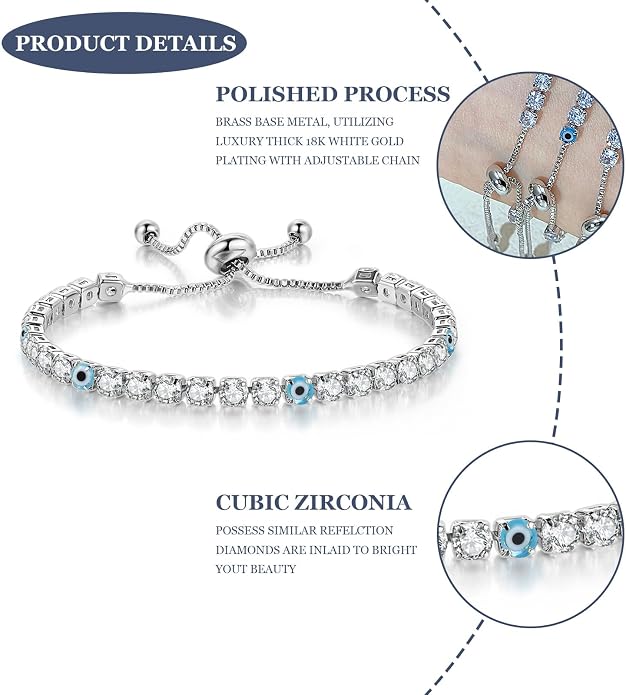 Silver Bracelets for Women, Dainty Evil Eye Bracelets Adjustable Lucky Amulet Chain Bracelet Sparkly Rhinestone Tennis Bracelet Protection Jewelry Gifts for Her Mom Wife Friend