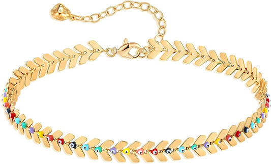 LOYATA Dainty Ankle Bracelet,14K Gold Plated Tiny Bead Anklet Dainty White Cubic Zirconia Cross Tassel Foot Chain Cute Lucky Moon Evil Eye Foot Jewelry Boho Anklets for Women