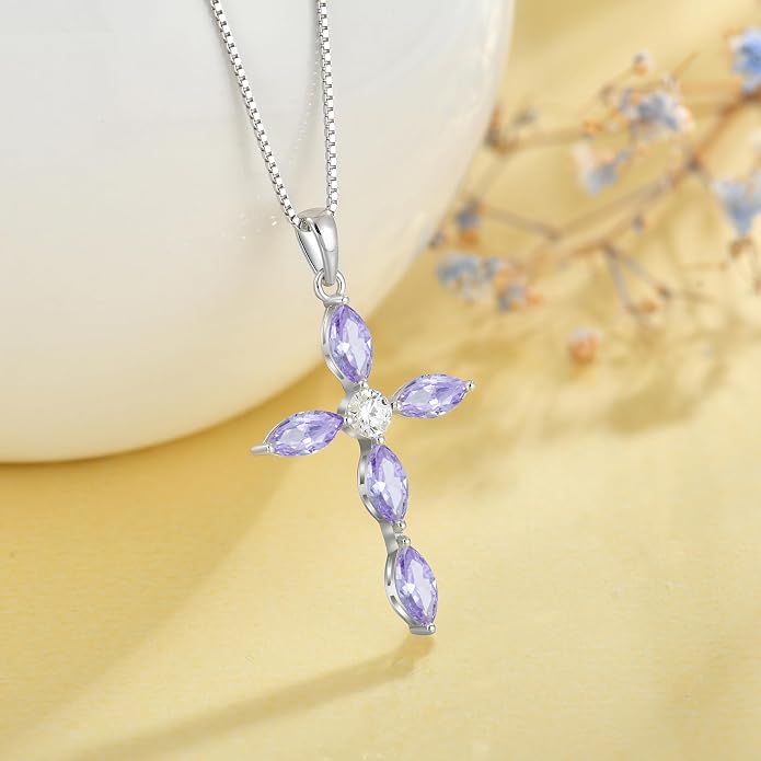 JO WISDOM Cross Necklace for Women,925 Sterling Silver Birthstone Necklaces Cubic Zirconia Cross Pendant Necklace Dainty Jewelry Gifts