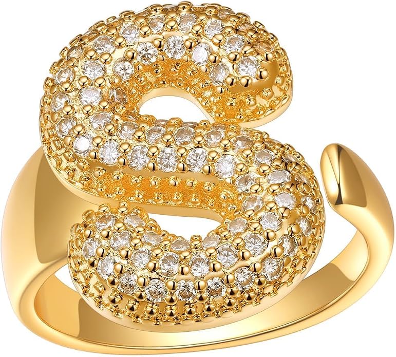 FindChic Initial Ring for Women, Gold Plated Chunky Letter Rings Open Adjustable Trendy Sparkling Cubic Zirconia Personalized Statement Rings Jewelry Gift