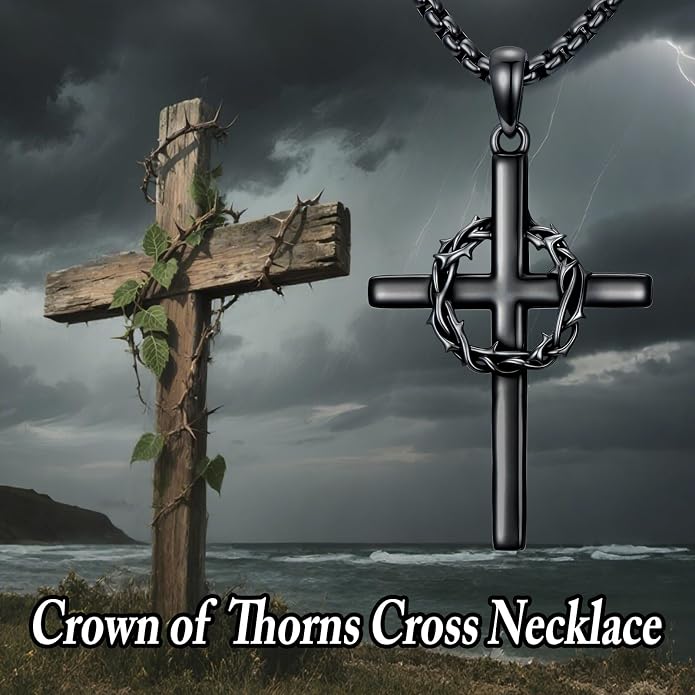 Crown of Thorns Necklace for Men 925 Sterling Silver Nail Cross Necklace Pendant Religious Christian Jewelry Valentines Day Gifts for Men