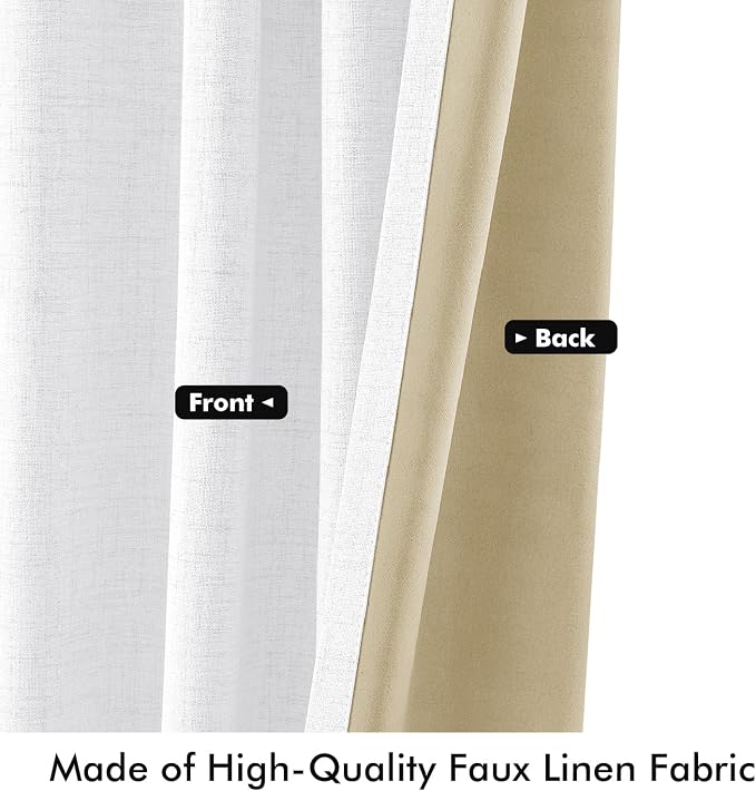 MIULEE 100% Blackout Linen Curtains 42 x 72 Inch Bright White 2 Panels | Thermal Insulated, Room Darkening Drapes for Bedroom Living Room, Back Tab Rod Pocket Pinch Pleated, Solid Luxury Decor