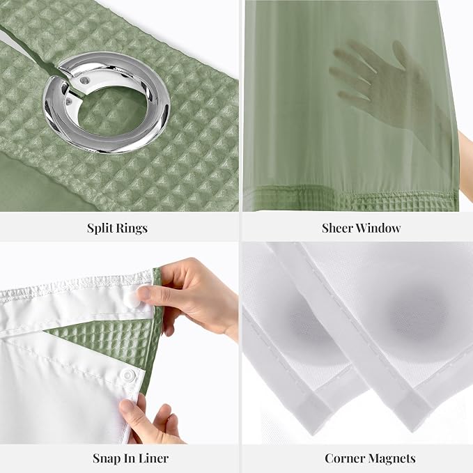 River Dream Cotton Blend Fabric Shower Curtain Set with Liner, Sage, 71x74 | Waffle Weave, No Hook Needed, with Snap in Replacement Liner, Top Sheer Window, Hotel Quality Fabric for Bathroom