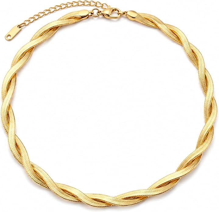 Twisted Gold Herringbone Necklace for Women – Waterproof 18K Gold Plated Stainless Steel, Minimalist Adjustable Chain