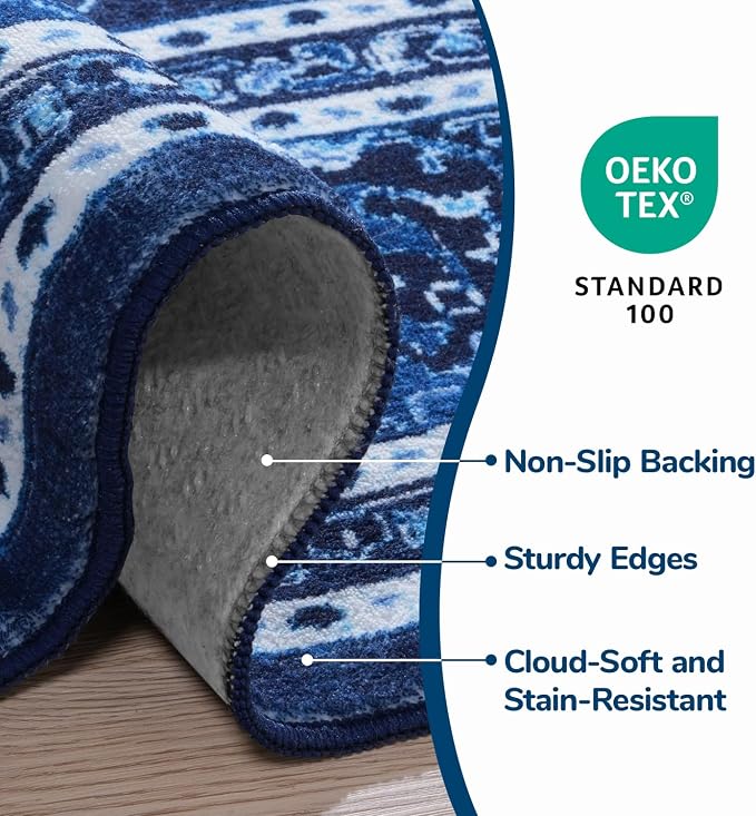 Lessymo Washable Area Rugs 6x9- Boho Area Rug Low Pile for Bedroom Living Room Kitchen, Ultra-Soft Faux Wool Vintage Area Rug with Non-Slip Rubber, Kid & Pet Friendly, Blue White