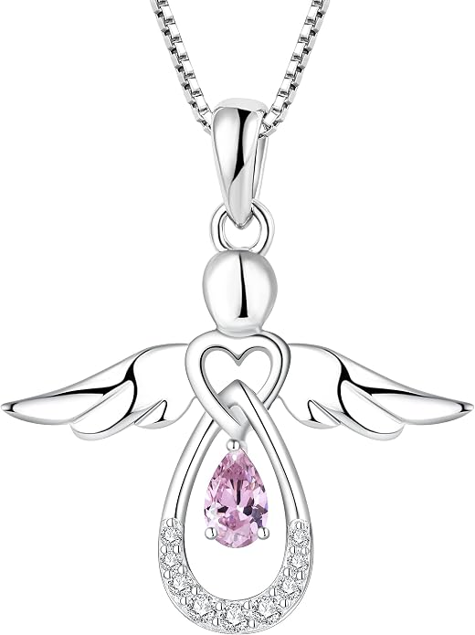 FJ Guardian Angel Necklace 925 Sterling Silver Birthstone Pendant Angel Jewelry Gifts for Women