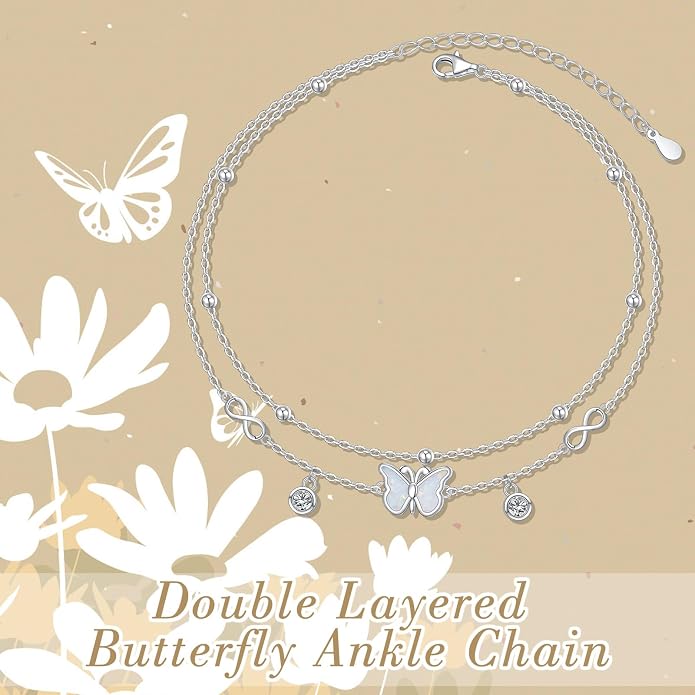 Anklets for Women 925 Sterling Silver Blue Evil Eye Infinity Butterfly Adjustable Multilayer Layered Summer Beach Ankle Bracelet Foot Chain Jewelry for Women