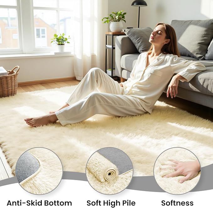 5x8 Area Rug for Living Room, Ultra Soft Fluffy Cream White Rugs for Bedroom, Non Slip Large Shag Carpet, Fuzzy Plush Nursery Rug, Thick Washable Indoor Floor Carpets for Kids Office Dorm Home Decor