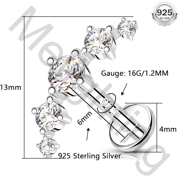 Melighting 16G Curved Helix Earring, Sterling Silver 925 Tragus Conch Stud Internally Threaded, Clear Marquise Round CZ Flat Back Lobe Labret Cartilage Piercing Jewelry for Women 6/8 mm