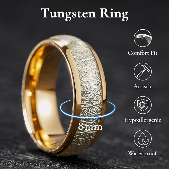 King Will Tungsten Rings for Men Meteorite Carbon Fiber Wood Inlay Mens Wedding Engagement Band Domed Polished