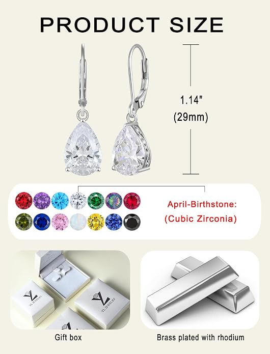 YL Solitaire Dangle Drop Earrings Teardrop Leverback Earrings Brass 8X12 MM Birthstone Jewelry for Women