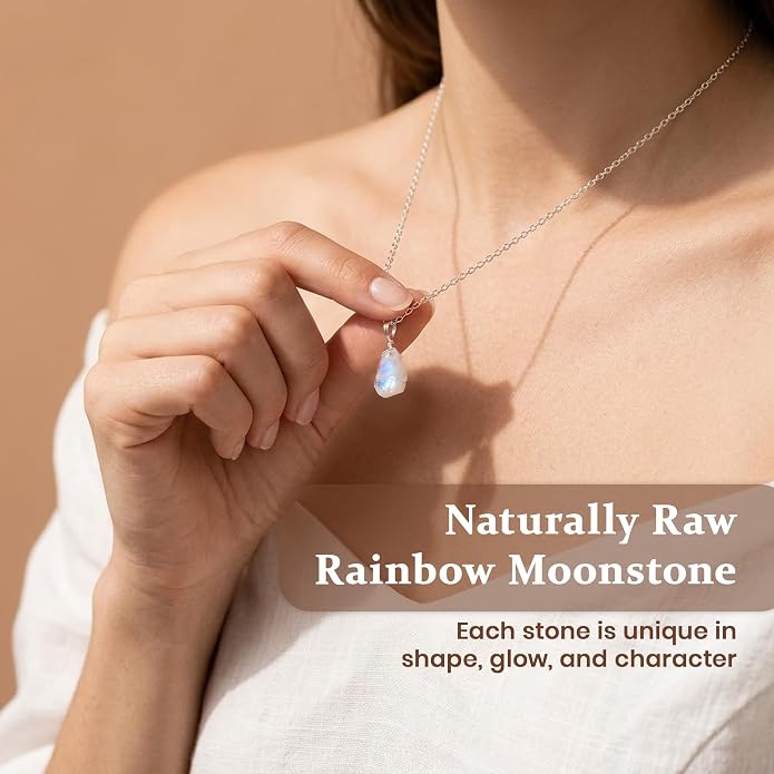 Raw Birthstone Crystal Necklace for Women, Hypoallergenic 925 Sterling Silver Pendant, Adjustable 16+2" Silver Chain, Light Natural Gemstone Jewelry for Everyday Wear & Gift for her & him
