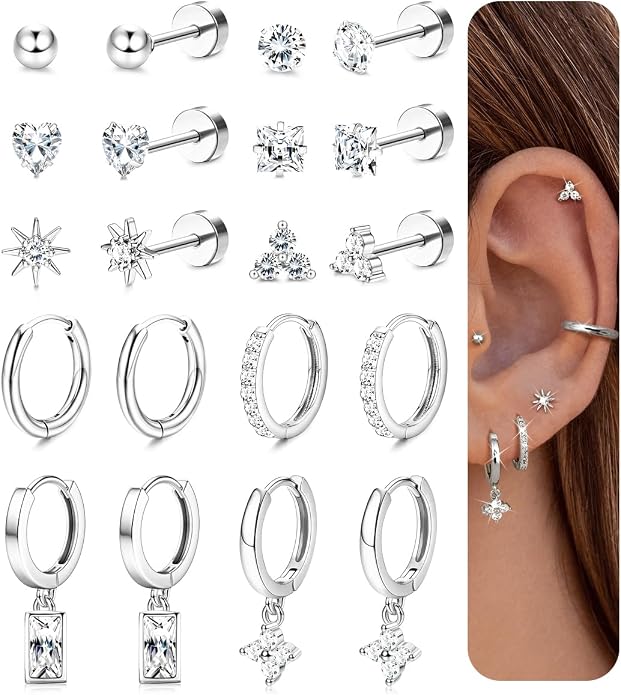 Florideco Hypoallergenic Flat Back Earrings Gold Cartilage Earring Sets for Multiple Piercing Surgical Stainless Steel Earrings for Women Trendy Earring Stacks Small Hoops Flat Back Stud Earrings