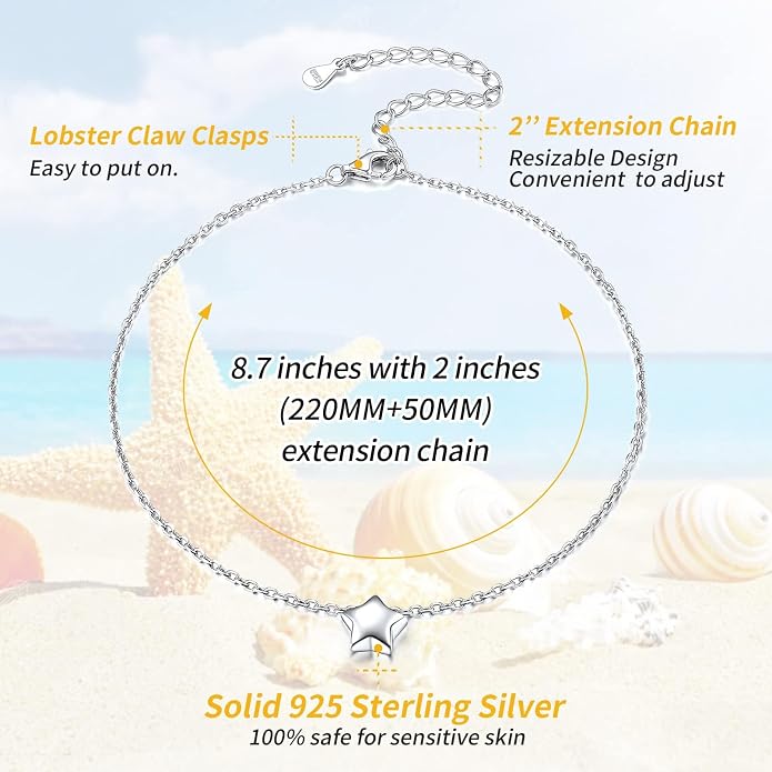 ChicSilver Personalized 925 Sterling Silver Tiny Heart/Moon/Star/Sun/Dot/Triangle Anklets Simple Dainty Foot Jewelry for Women, Silver/Gold Plated/Rose Gold Plated