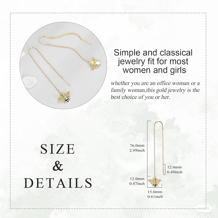 Sterling Silver 18K Gold Plated Bee Threader Dangle Earrings - Bumble Bee Pull Through Chain Jewelry Gifts for Women
