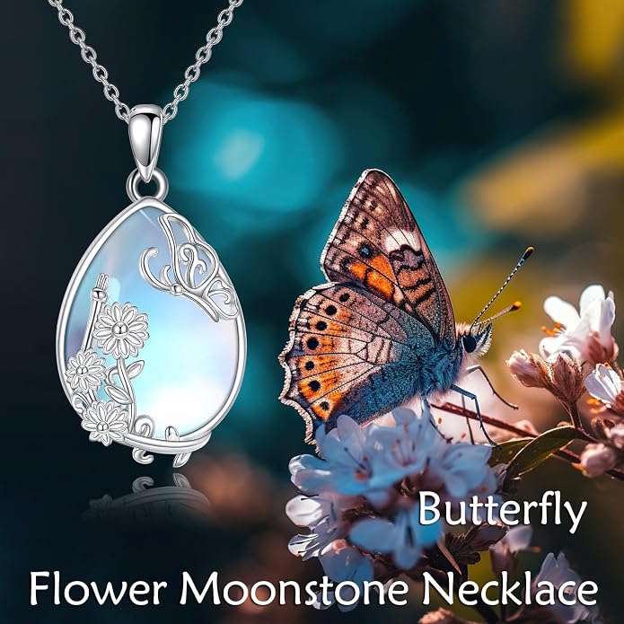 YAFEINI 925 Sterling Silver Moonstone Necklace Filigree Teardrop Pendant Necklace Jewelry for Women Girls