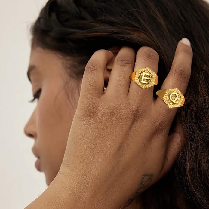 KeyStyle Bold Initial Letter Rings Adjustable, GoldChic Jewelry Women Gold Statement Ring Personalized Engraved Women’s Open Signet Ring for Party (Gold, White Gold, Black)