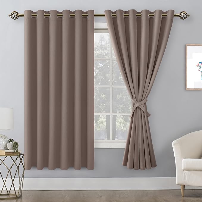 Hiasan Grommet Blackout Curtains for Bedroom, 70 x 63 Inches - Thermal Insulated & Light Blocking Window Drapes for Living Room/Dorm Room, Set of 2 Panels Sewn with Tiebacks, Tan