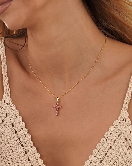 14K Gold Plated 925 Sterling Silver Birthstone Cross Necklace for Women Men