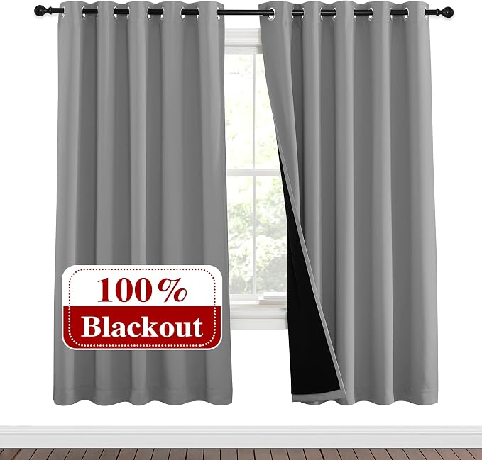 NICETOWN Full Shade Curtain Panels, Pair of Energy Smart & Noise Blocking Out Blackout Drapes for Dining Room Window, Thermal Insulated Guest Room Lined Window Dressing(Silver Grey, 62 x 72 inch)