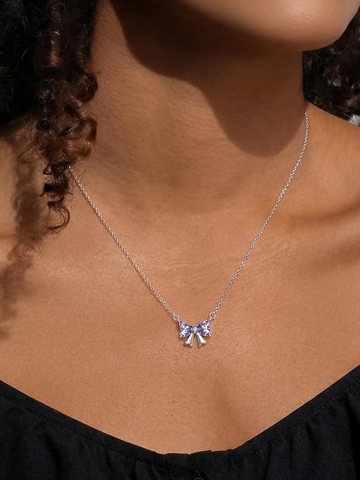 ChicSilver Bow and Cat Birthstone Necklace, 925 Sterling Silver Pendant Necklaces for Women, Hypoallergenic Silver Choker with 16 inch Rolo Chain, 12 Months Jewelry for Valentines Mothers Day Christmas