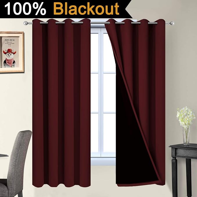 Yakamok Burgundy Red Blackout Curtains 63 Inches Long for Bedroom 52" Wide | Blackout Curtain Panels for Bedroom, 2 Thick Layers Grommet Top Thermal Insulated Drapes with Black Liner for Living Room