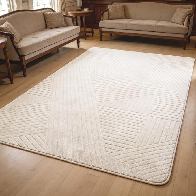 Cream Beige 5x7 Geometric Area Rug - Modern Geometric High-Low Pile Rugs for Living Room Bedroom, Washable Non-Slip, Textured Indoor Rugs for Nursery, Kids Room, Home Office