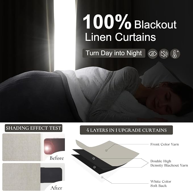 Curtains 70 Inch Length Wide Pleated Blackout Curtain for Sliding Glass Door, Farmhouse Natural Linen Thick Thermal for Summer Heat/Sound Noise Reducing Heavy Large Window Drapes (70"Wx102"Lx2Panels)