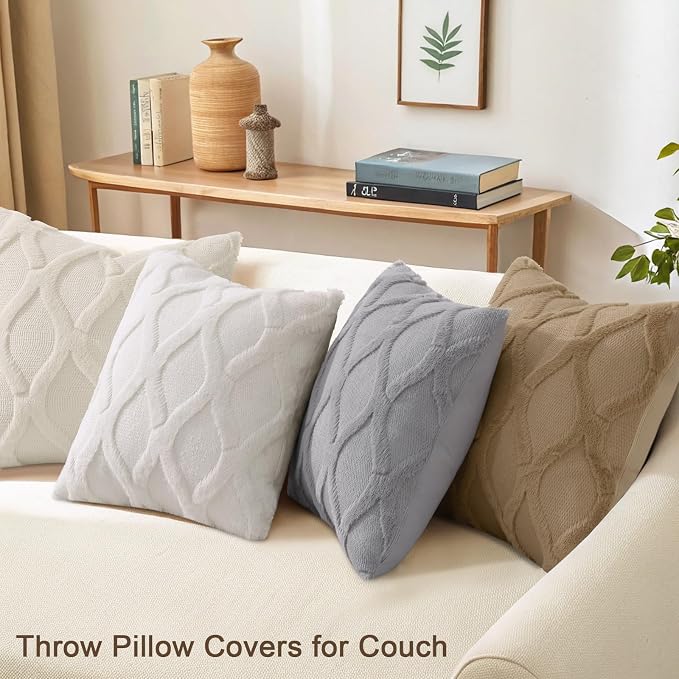 decorUhome Set of 4 Faux Fur Throw Pillow Covers 20x20(Cream/Khaki) | Neutral Decorative Soft Plush Couch Pillow Covers, Farmhouse Pillow Cases for Living Room Bed Sofa