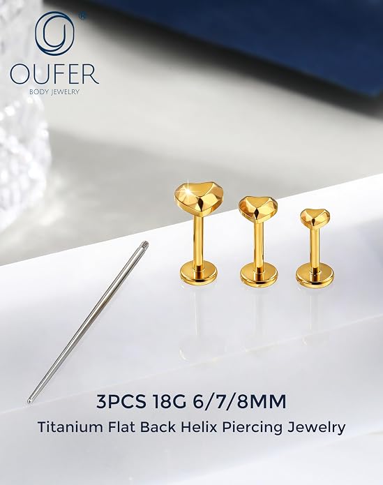 OUFER 18G 6/7/8MM Flat Back Cartilage EarRings-3PCS Gold Titanium Extended Internally Threaded Lip Piercing 2/3/4MM Round Clear CZ Helix Piercing Jewelry