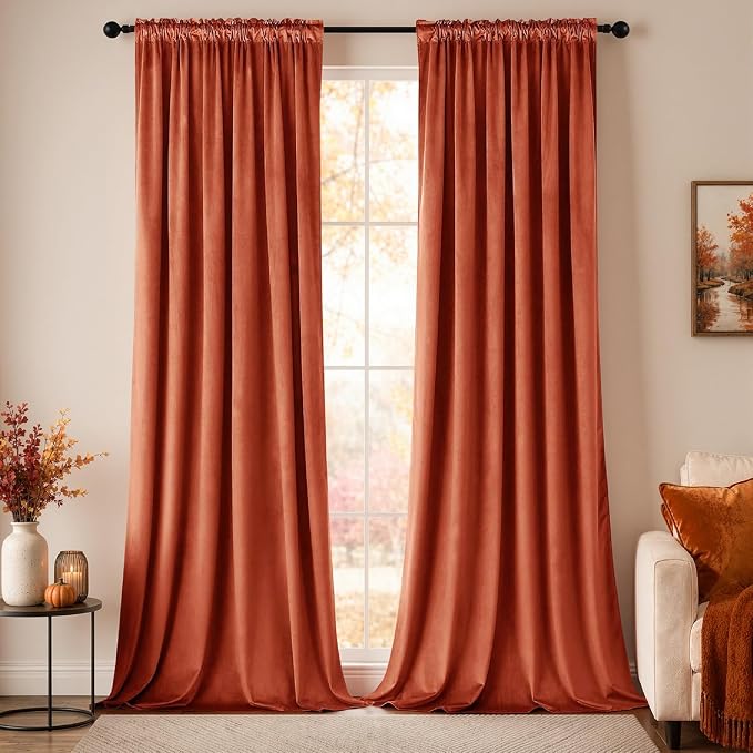 MIULEE Fall Burnt Orange Blackout Velvet Curtains 96 Inch Long 52"x96" Soft | Luxurious Bedroom Living Room Decor, Room Darkening, Thermal Insulated, Rod Pocket Design, Super Soft Fabric