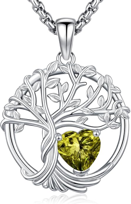 Birthstone Tree of Life Necklace for Women Heart Crystal Pendant Silver Plated Birthday Anniversary Jewelry for Wife, Mom, and Her