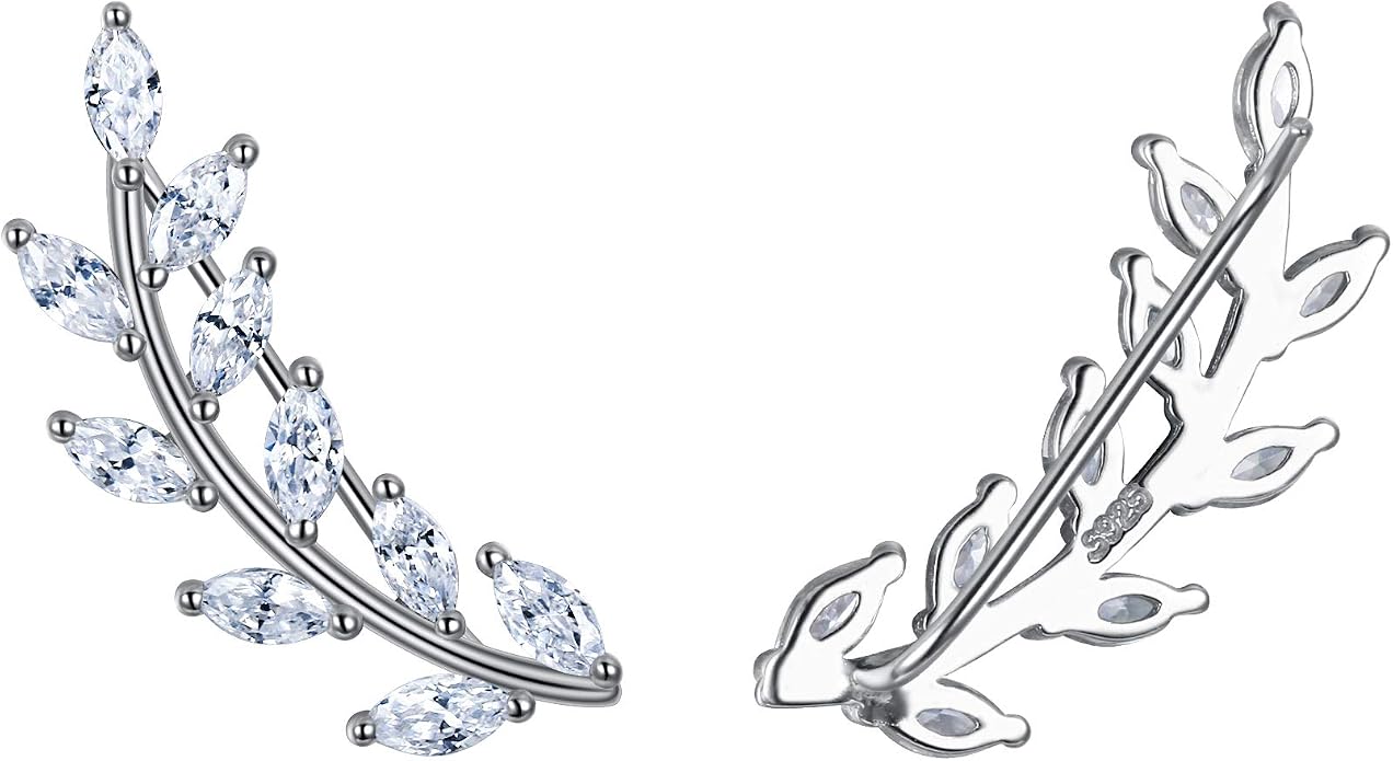 EVER FAITH Marquise Leaf Ear Cuff Wire Wrap Sweep Pins Climber Earrings 925 Sterling Silver Clear Cubic Zirconia