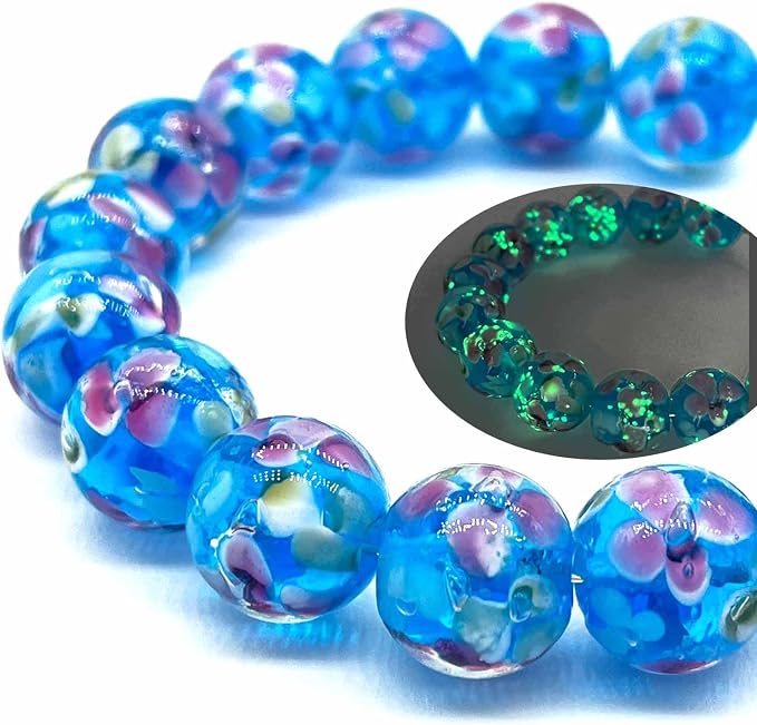 Artsy Crafts 12 Pcs Lily Flower Glow in The Dark Firefly Beads, 12mm European Lampwork Luminous Glass Beads for Jewelry Making Charm Bracelet Necklace Earrings Crafts (Lily - Blue)