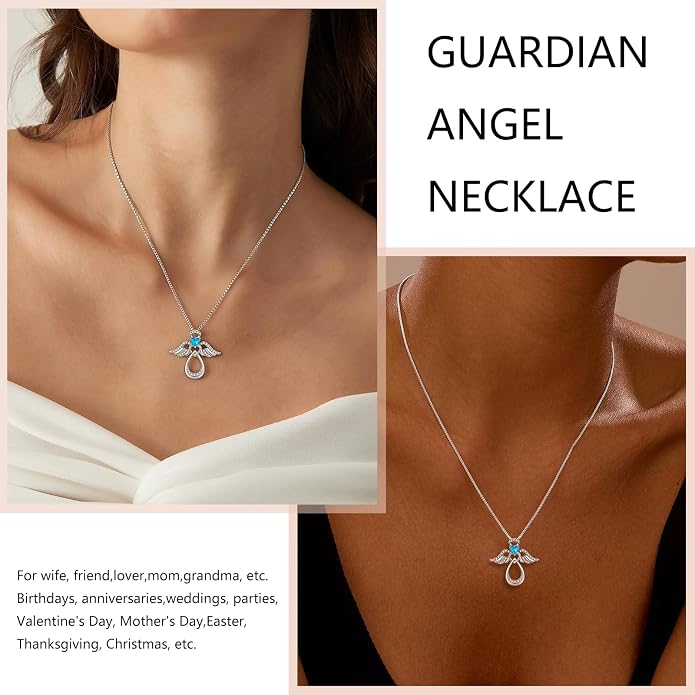 925 Sterling Silver Guardian Angel Pendant Necklace for Women with Birthstone Cubic Zirconia Little Angel Pendant Necklace Jewelry 18 inch Chain