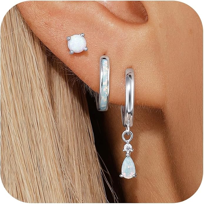 Opal Earrings Set for Women, Birthday Gift for Her, Sterling Silver | 14K Gold Plated, Hypoallergenic S925 Opal Hoop Stud Earrings for Women with Sensitive Ears, Dainty earring Stacks—Trendy Opals Jewelry 2026