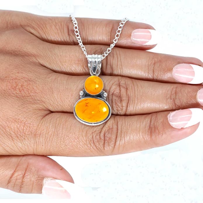Handmade Genuine 925 Sterling Silver Pendant Necklace Natural Gemstone Crystal, Lapis, Onyx, Amber Oval Round Boho Jewelry For Women