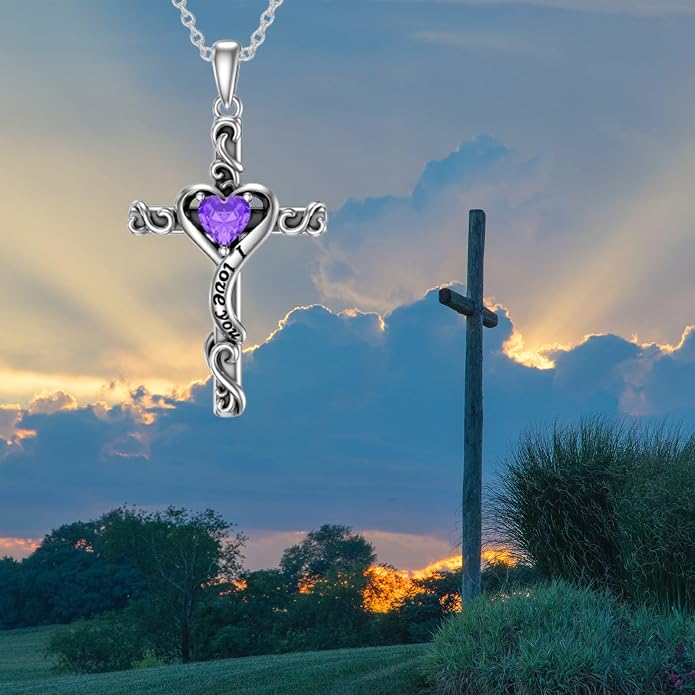 TOUPOP Cross Birthstone Necklace for Women 925 Sterling Silver Heart Cross Pendant I Love You Jewelry Anniversary Birthday Mothers Day Gifts for Mom Wife Her